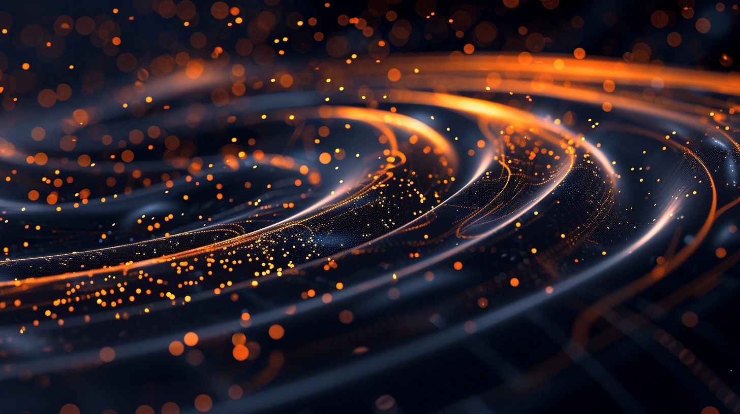 High-tech background with flowing lines and stars, dark indigo and orange, data visualization, tilt-shift lens, spirals and curves, HD