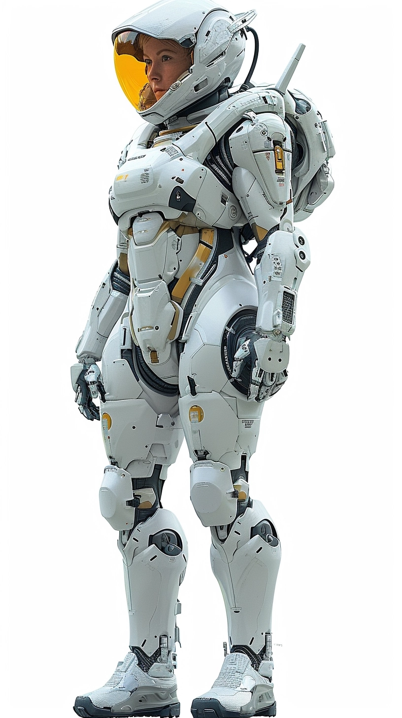 A female wear robotic space suit, full body, concept art, clean and simple design, realistic, scifi, halo style, no background