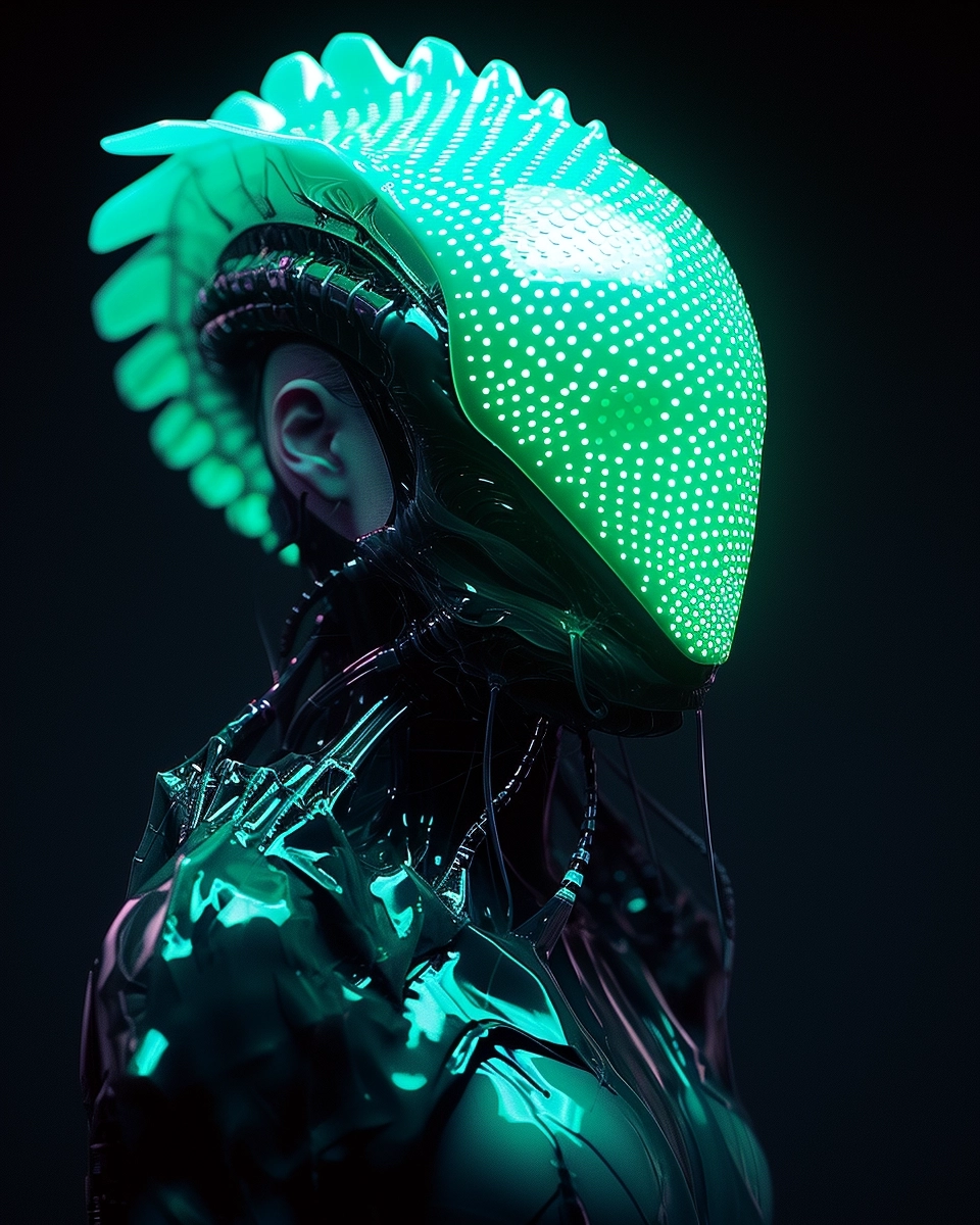 Cryptidcore Xenomorph Fashion Photography, translucent green blue gold, full body view, minimalism, smoked eye shadow, illuminated white bulging biomorphic dot pattern, luminous eyes, opposing pattern background, vibrant color, misty aether cyberpunk clothing, close up view of head, ethereal lighting , backlighting, holga medium format camera, taxidermy specimen, sci fi, film, backlit, lomography, Kodachrome, 35mm lens, color grading, photos taken with HASSELBLAD H6D, Zeiss, 50mm, iso 800, Professional lighting, photorealism, perfect focus, extremely sharp, photorealistic, hyperdetailed, hyperrealism, imax, national geographic photo, 32k, extreme detail, micro - details, ultra sharp to perfection, hyper realistic, photorealistic, studio photography, full shot, vogue magazine style