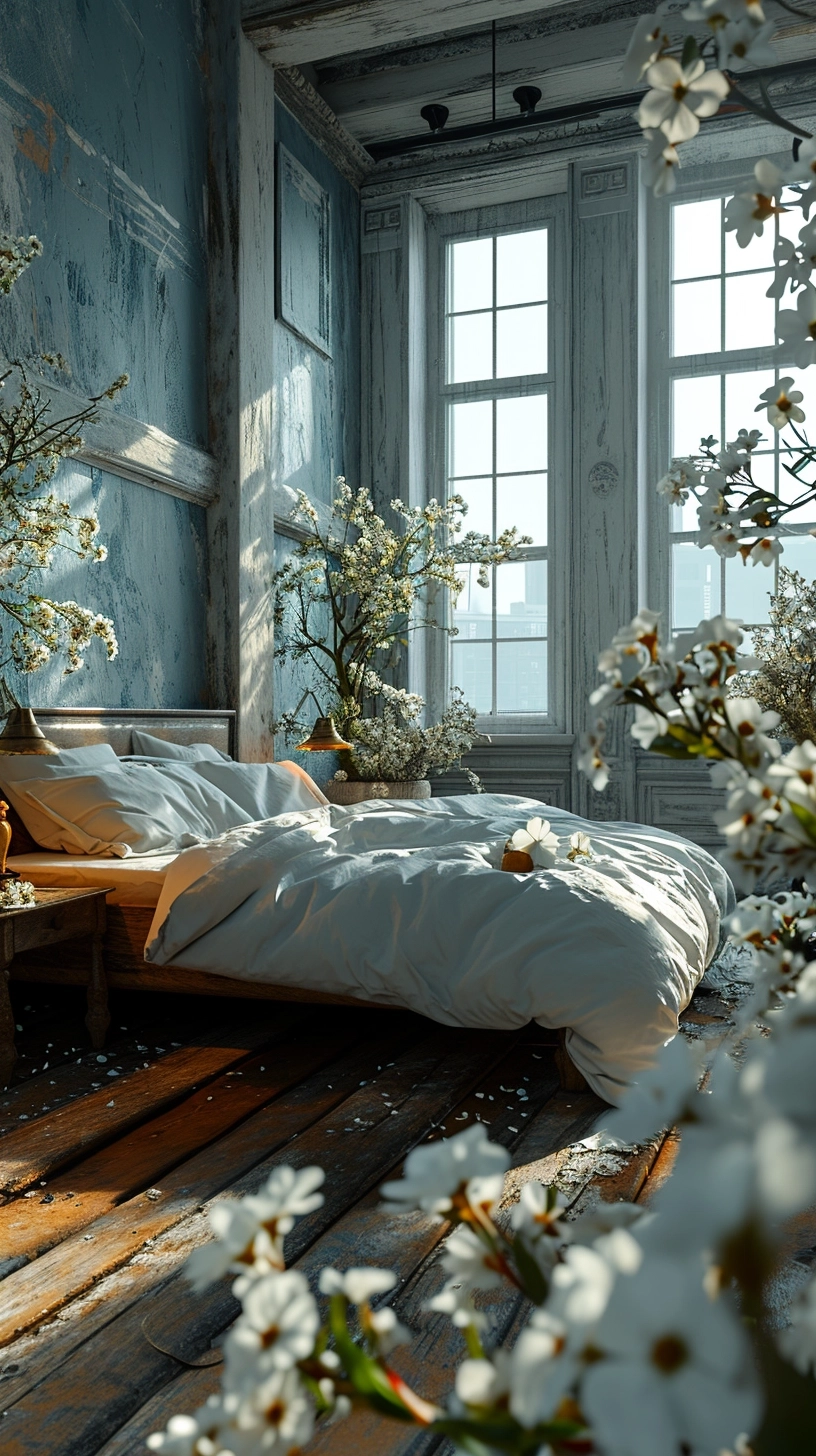 Ultre realistic picture. Cozy bedroom, white flowers, king size bed. White colored bedroom.