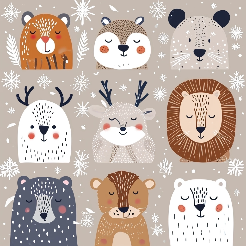 Set of cute winter smiling animals with snowflakes. Cartoon zoo. Vector illustration. Posters for the design of children products in scandinavian style
