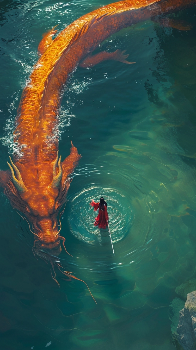 CG animation of an orange red giant Chinese dragon swimming on the lake surface, the dragon huge and very long, An ancient Chinese woman wearing red Hanfu, A circle of ripples formed on the water surface, the woman holding a sword in her hand, Drone perspective, blue-green lake water, Chinese Martial Arts World, Chinese mythological scenes, Bright colors, Sunlight, Transparent lake water, megalophobia, by Tsui Hark, Chinese movie Big Fish and Begonia,
