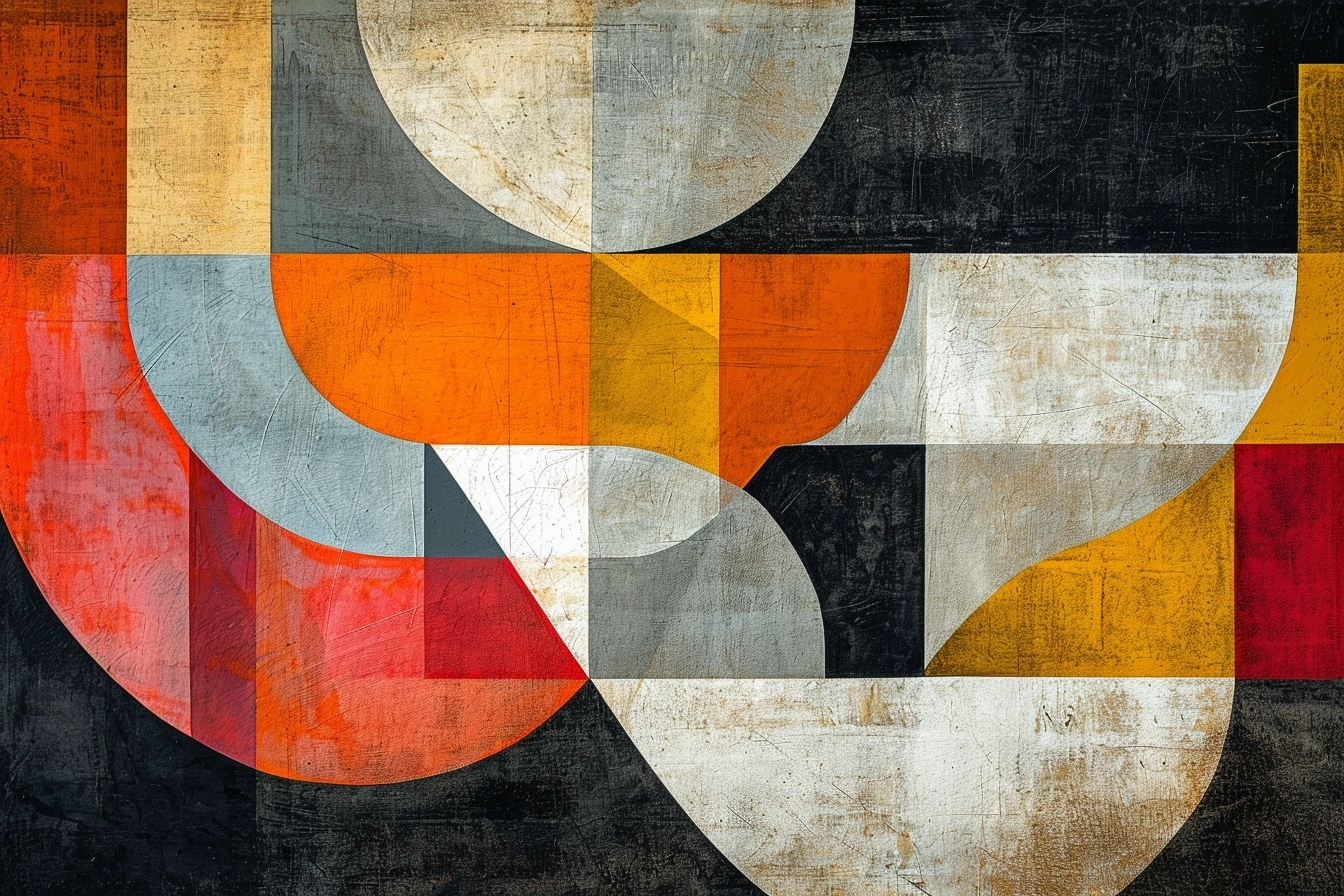 Powerfull and creative an abstract artwork painting with a colorful abstract pattern,le corbusier, klee, in the style of oriented geometric forms, dark orange,sepia, pink rustic, burnt sienna, red, grey. White. simple forms, shapes, birds-eye-view, mid-century illustration, irregular curvilinear forms