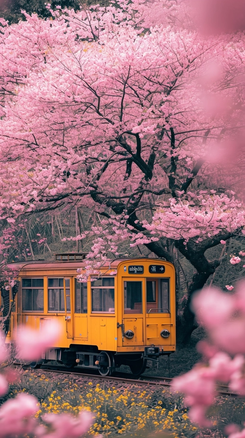 A yellow dining car under a cherry blossom tree, fluttering cherry blossoms, mid shot, ISO 100, aperture f4, shutter speed 100, depth of field, landscape photography, distant cherry blossom forest, S-shaped composition