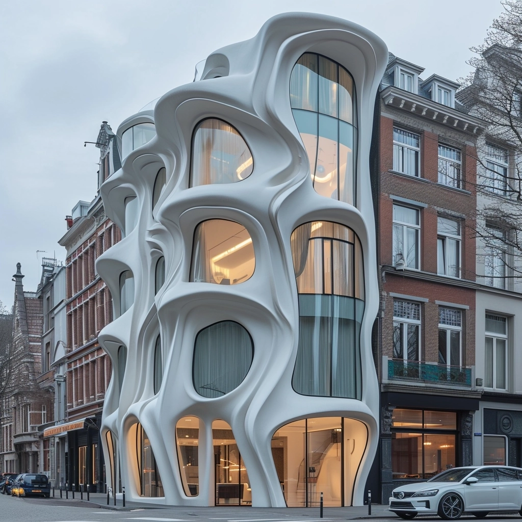 Building of the future in brussels, in the style of porcelain, organic flowing forms