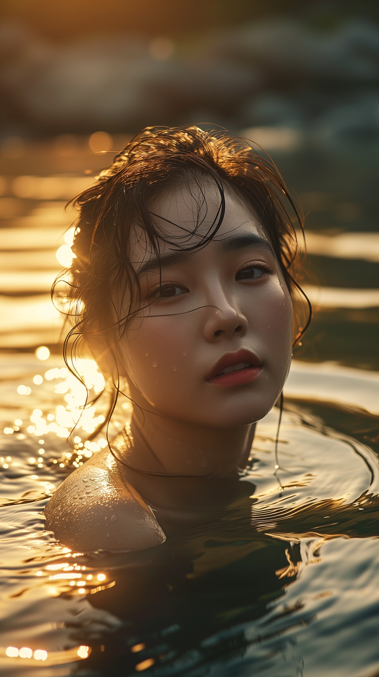 A beautiful Chinese woman floated on the water, showing only half of her face, with ripples on the surface of the water, and the morning light.