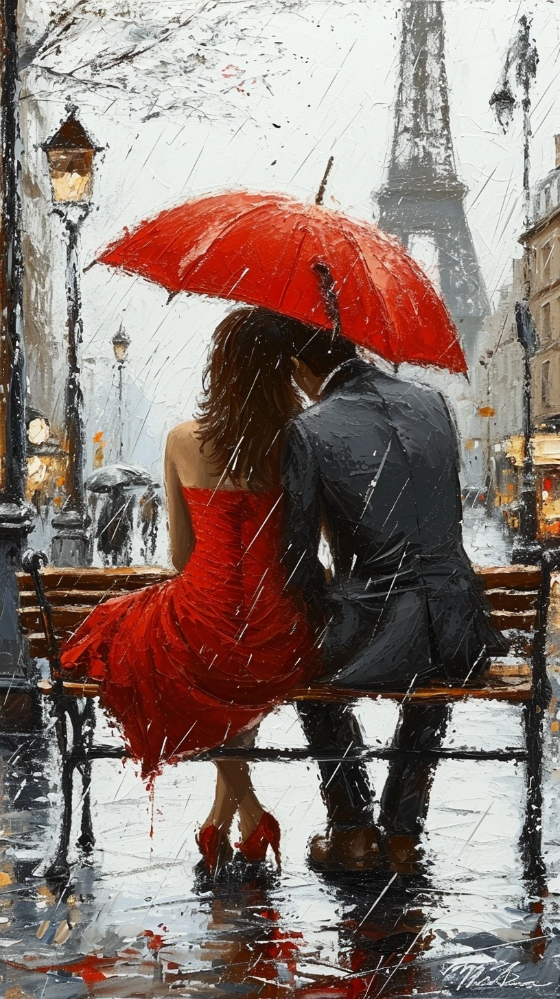 Rough loose impasto oil painting with lots of brush strokes and thick brush strokes of ultra-high resolution, 200k, maximum sharp micro detailed hand drawn color pencil sketch of majestically beautiful Romantic couple sitting on a bench in the city, girl wearing red dress, boy wearing black dress, boy holding red umbrella, in the rain, , maximum sharp micro detailed Paris in background, fully detailed ,300 dpi, high quality , intricate detail, maximum sharp micro detailed color pencil strokes