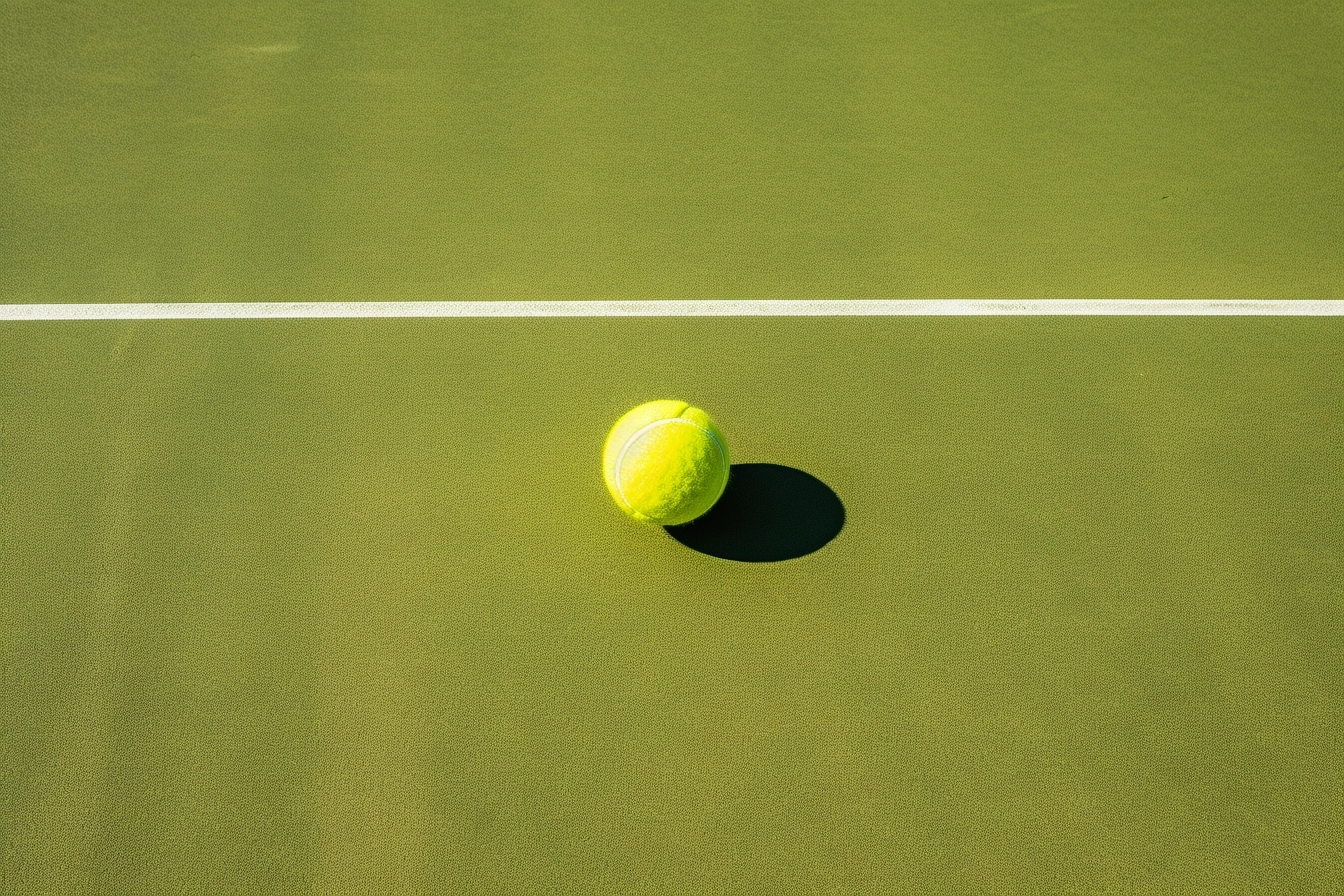 High angle view of tennis court line with tennis ball laying on court