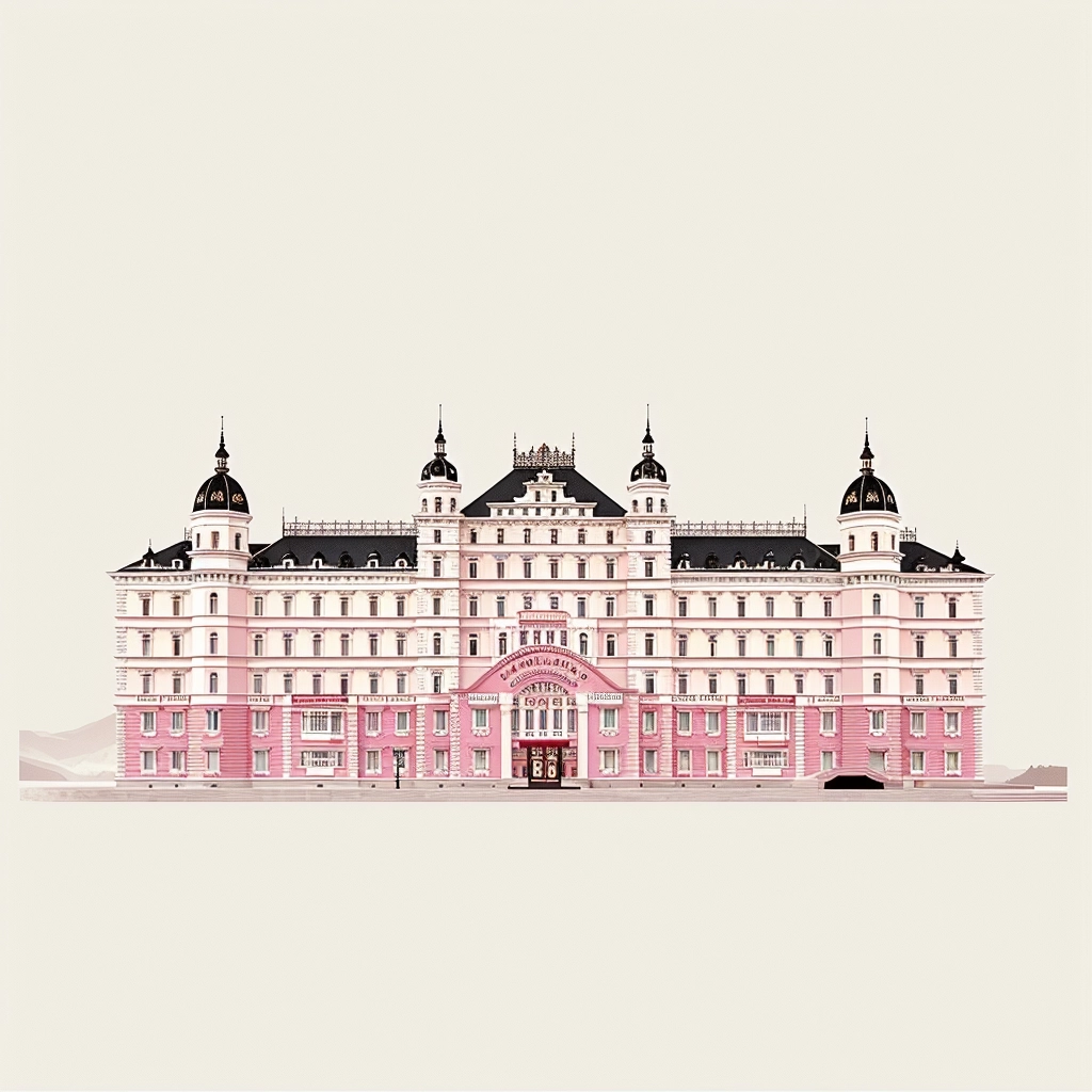 Minimalist poster of the grand budapest hotel, white background