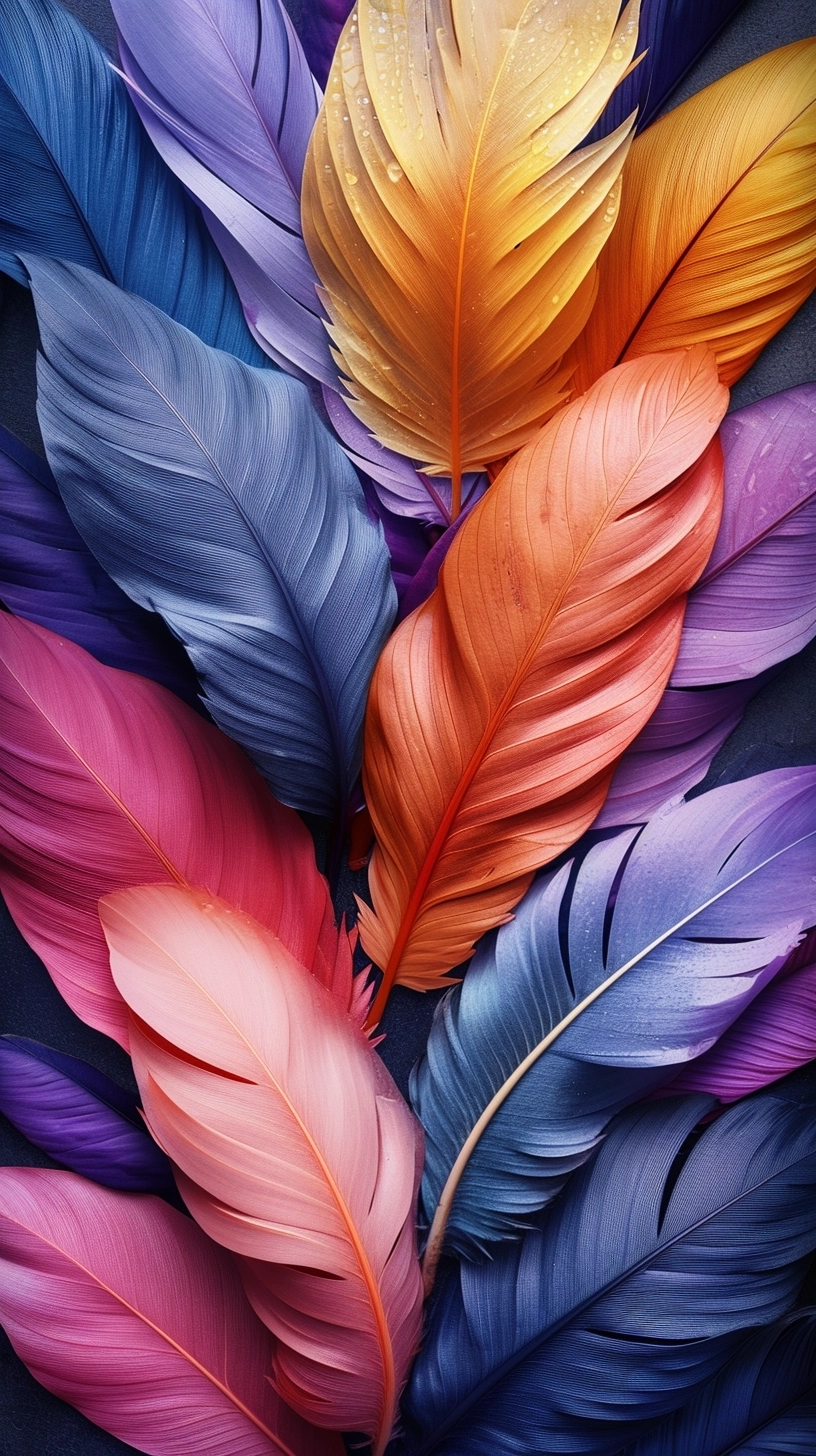 Feather wallpaper, close-up, colorful leaves spread out in groups on a black background, volumetric light, bioluminescence, Premium color, macaron color,transparent HD dew, clear leaf veins, radioactive distribution, realistic photography, Nikon, translucency, neoplasticism, like real, soft and vibrant colors, realistic color scheme, exquisite details, Realistic leaf texture, realistic, realistic, delicate, detailed detail