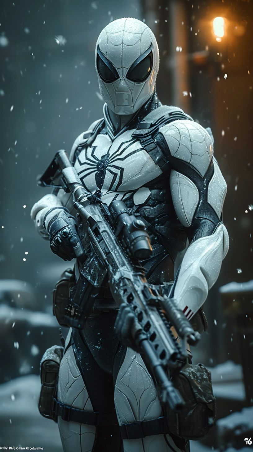 Full body view angle of muscular all white tactical spiderman angry look wearing all white with a large white spider on his torso wearing tactical arm and leg armor holding two rifles at night, movie scene, make everything look set for the character, characteristic scene of the character, make it look very epic, very realistic, cinematic, make it look like it's from real movies, very impressive, very incredible, unique, high contrast, saturation , tint, trippy, photographic, highest quality, high quality, action taken from the movie itself, different pose, full face or full body, different perspective, different angle, extremely impressive, good lighting, looks extremely good, very high quality , good color selection, very good shading, 32k