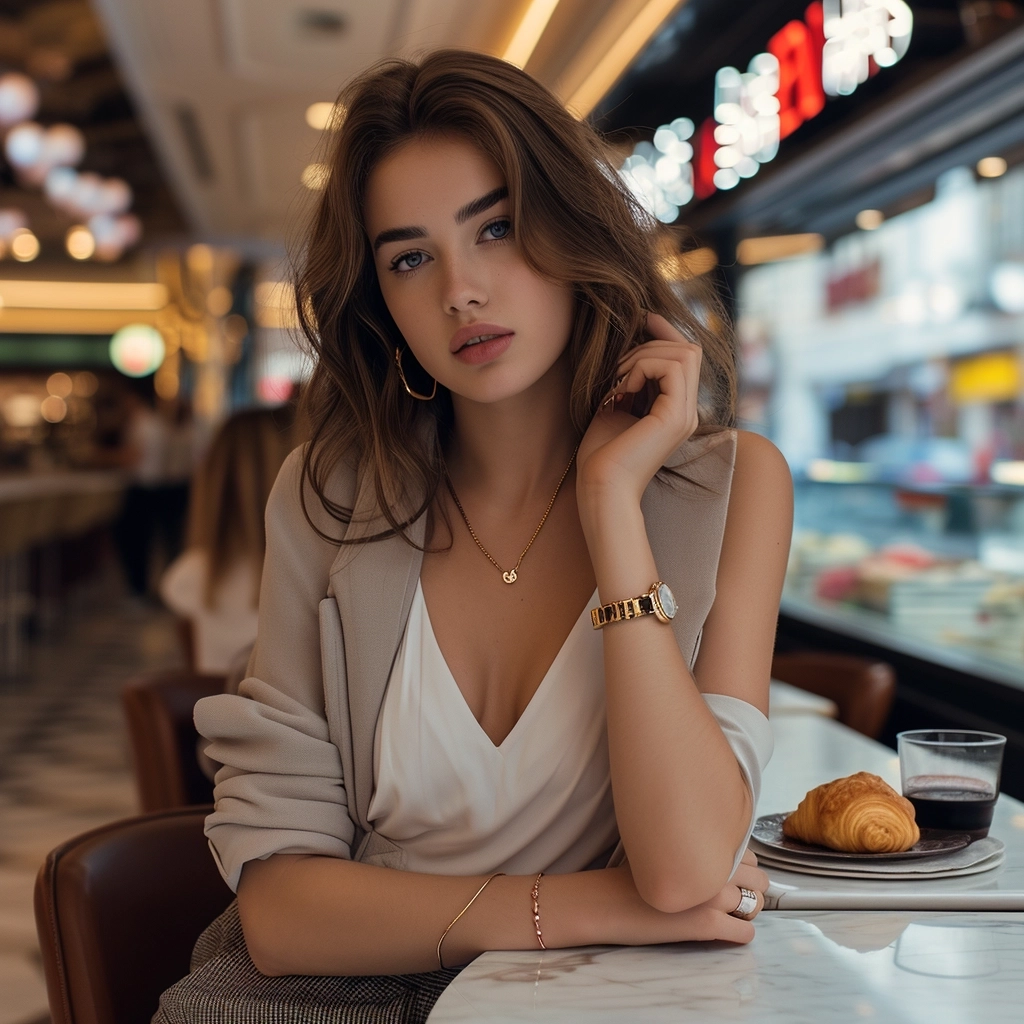 A young woman in an american diner sitting by herself. Wearing a skirt and minimal gold jewelry. Morning hours. Looking into the camera. eye level frame. Black coffee and crissant on the dining table. luxury watch on her wrist