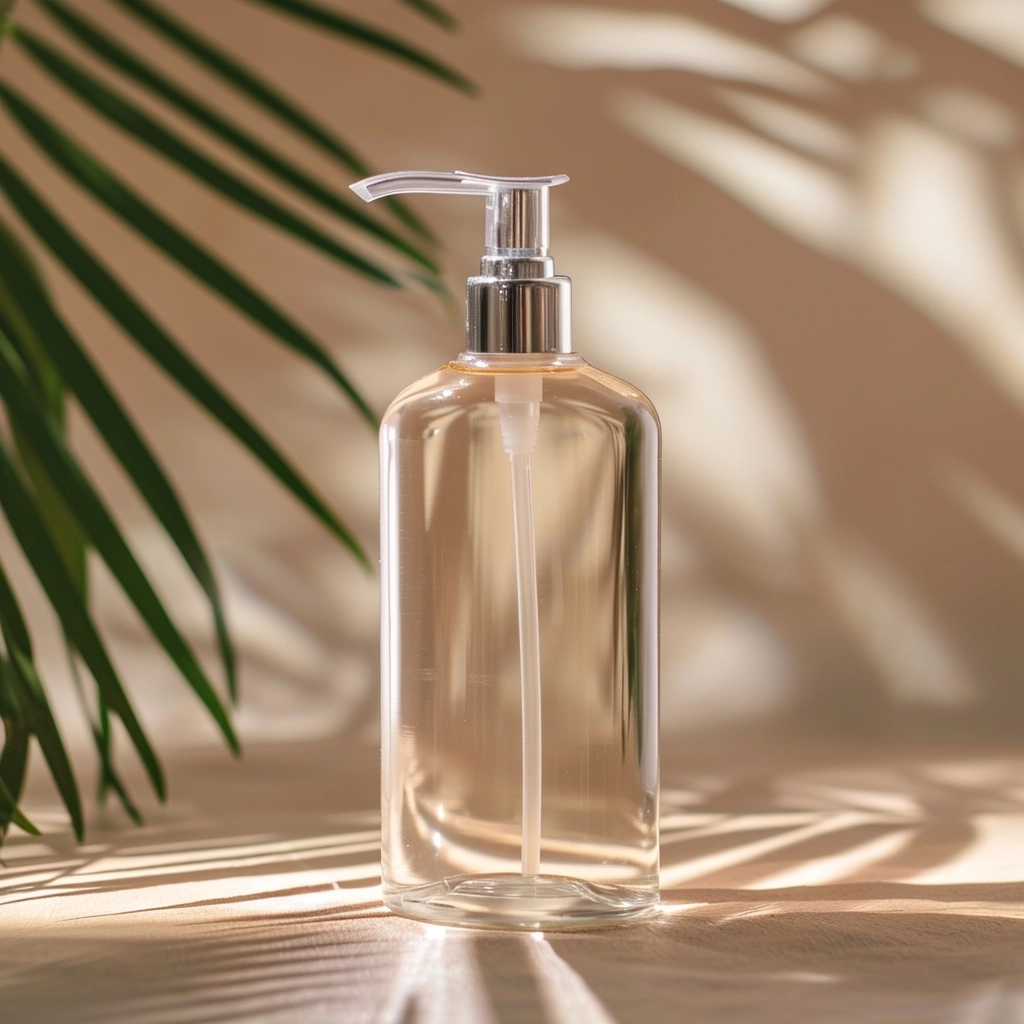 Transparent plastic pump bottle of liquid soap. Beautiful soft lighting and shadow, warm tones, 8k, shot with sony a7s III, natural Lighting, High quality, highly detailed .