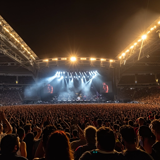 rock concert with 10,000 people in a stadium listening to an amazing band playing