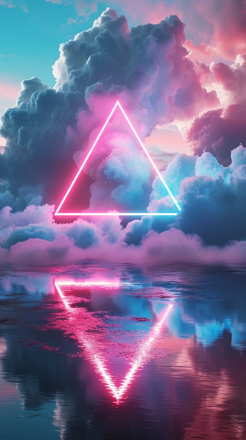 Rainbow colored glowing neon triangle in the clouds, lake, dreamy scene, 3D render