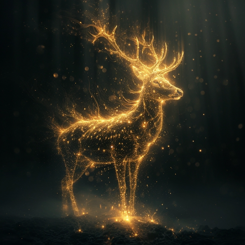 Front view, gold deer with sparks floating on a black background, in the style of abstract minimalist forms, generative art, cobra, national geographic photo, innovative page design, dau al set, clear and precise bird art