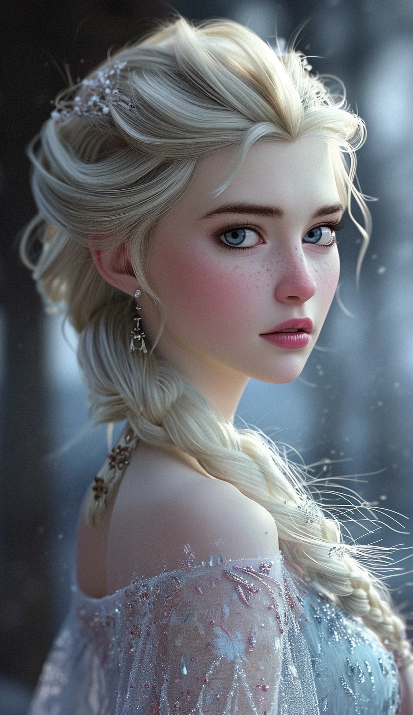 Disney's frozen disney elsa, in the style of jessica drossin, realist detail, emotive portraiture, jessica rossier, zhang jingna, 8k 3d, whimsical realism