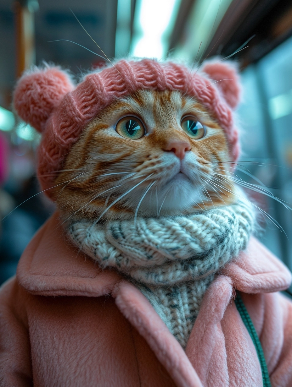 Photo of smallest cat Wearing a pink coat and a white sweater are getting on the bus(standing and walking on both feet), in the style of lifelike figures, happenings, detailed crowd scenes, nikon d850, lifelike renderings, candid moments captured. sharp focus, HD, 8K,