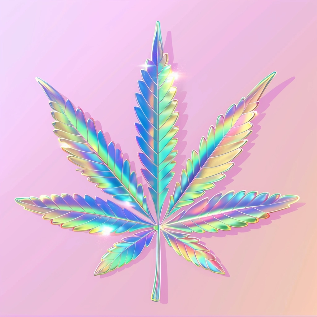 A stylized rainbow-iridescent cannabis icon symbol in the style of iridescent opalescent holographic