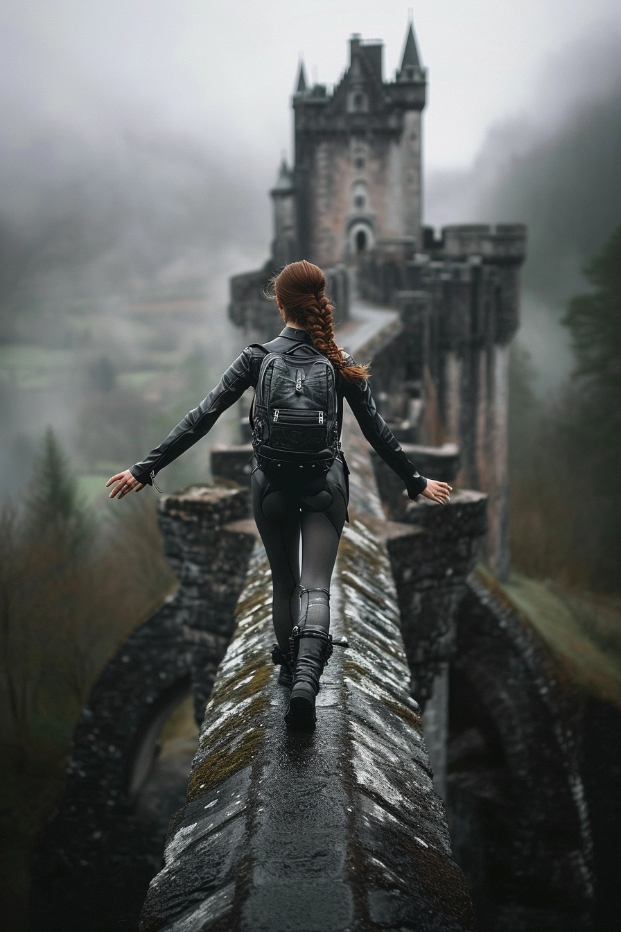 A thin pale woman with brown hair in a halo braid updo, is walking on top of a narrow stone bridge without railings, arms out for balance, she’s wearing black leather jumpsuit with combat boots, and a backpack, the bridge is 60m high and is 45cm wide, mismatched boots, overlooking castle grounds and forest, hogwarts like school, stormy sky, fog, photo, 25 years old, warrior, intricately detailed, cinematic, pastel colours, shot on Hasselblad camera, in the style of hunger games