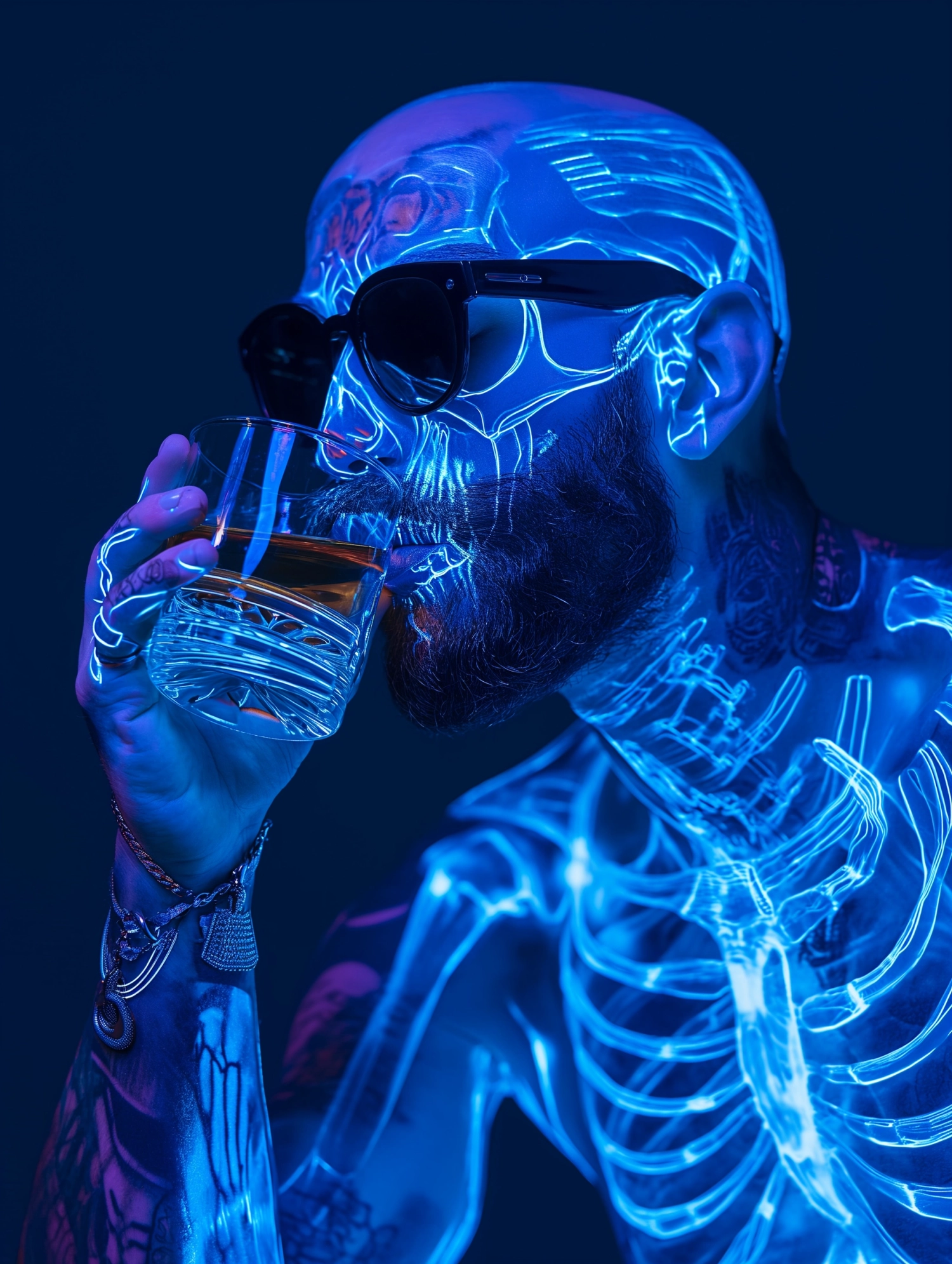 A tatooed rapper cyborg man, sipping cognac, with a transparent glass body, full body, visible skeleton inside, in neon blue technicolor