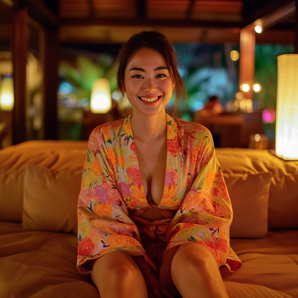 A woman is sitting on a wide sofa, a slender Japanese 29yo woman with a beautiful face, big light brown eyes, and a high nose is smiling and wearing a plain Japanese kimono with beautiful legs, a kimono pattern There are few people wearing expensive clothes, full body shots, high class bars at night, top class, chic and luxurious interiors.Bartenders, cinematography,