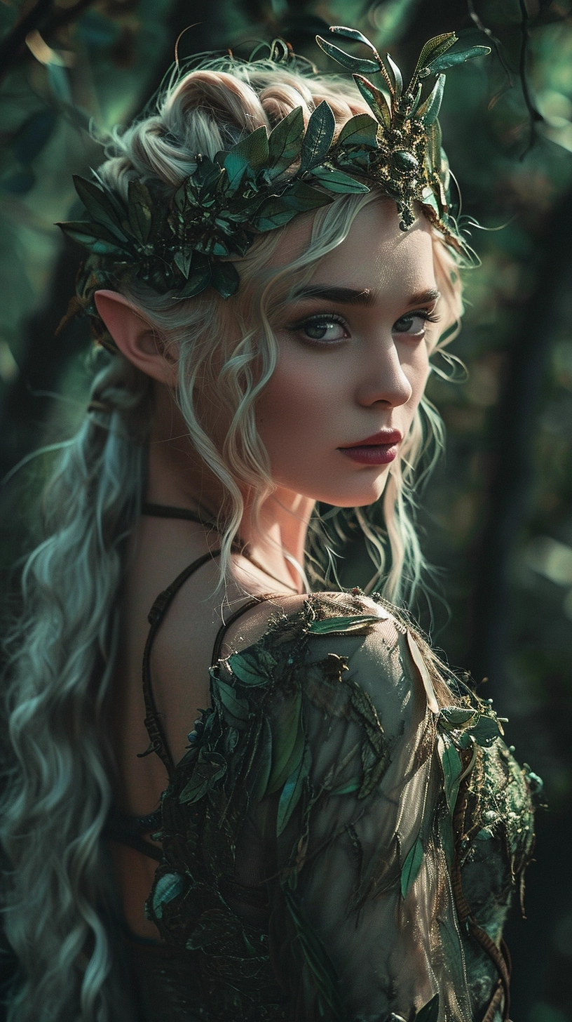 Natural germanic elvish princess, elf, fit body, wearing light traditional leaf armour, wearing leaf crown, in forest, in forest, realistic, cinematic