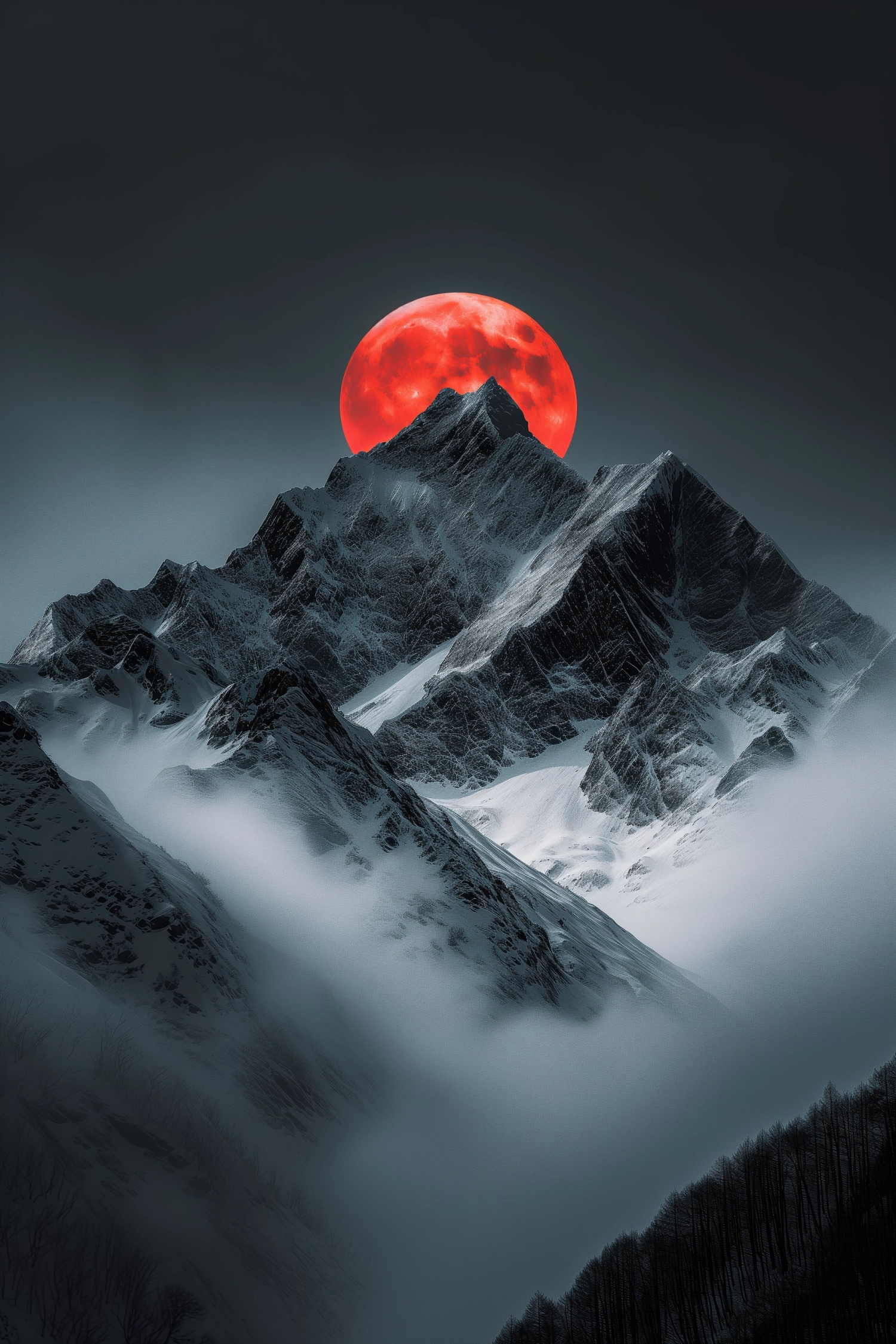 Snowy mountains surrounded by symmetry, in the center is a black and red two suns from the evening. Minimalist Chinese classical style, striking, dark grey and red, rich colors, striking composition, black and white, sun, Nikon D850