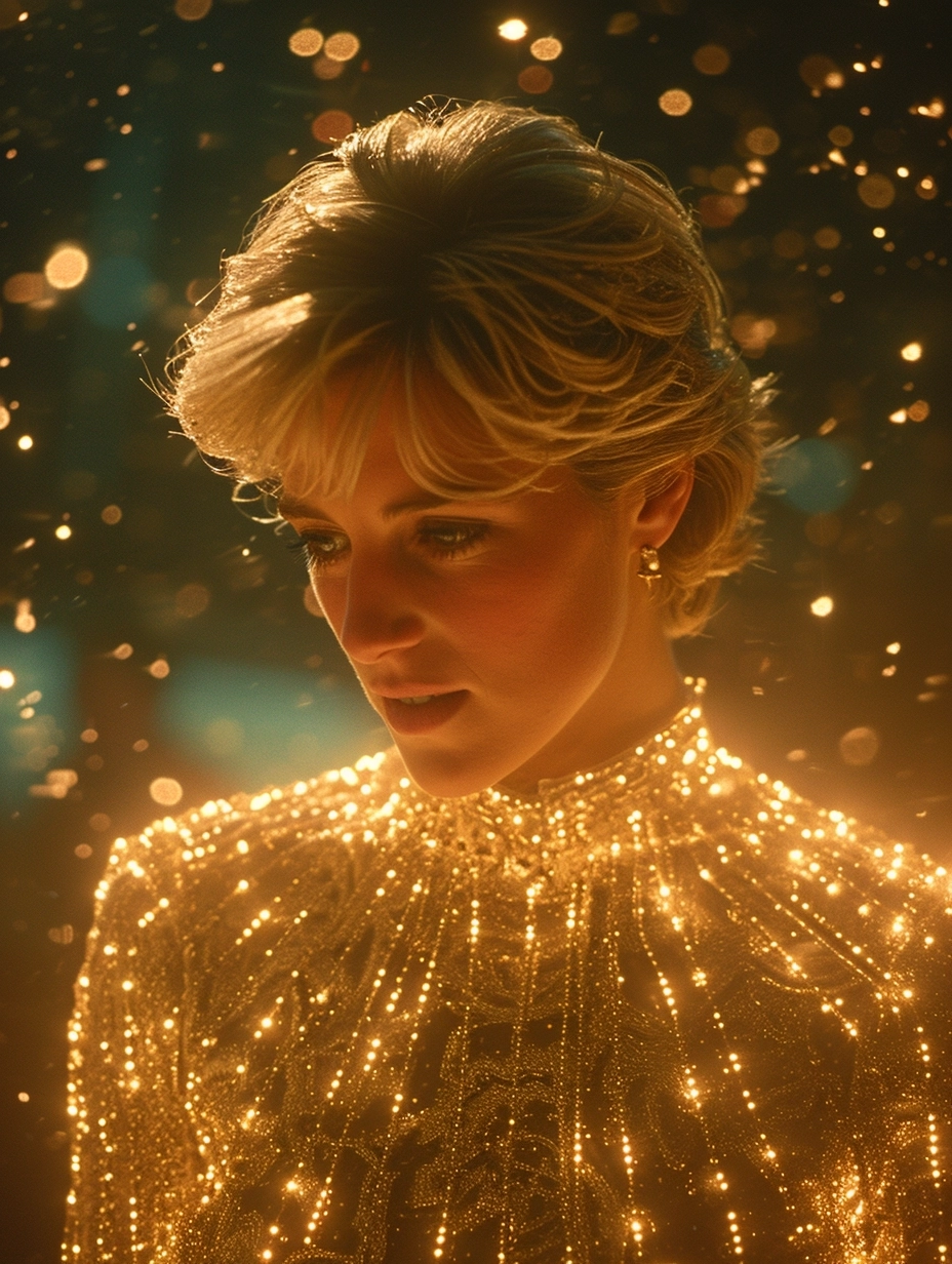 Princess Diana in a golden wireframe hologram, in 1960s America, dynamic lighting, shot with SONY ALPHA 7R V on 35mm Portra 400, f4.8 aperture, 4K
