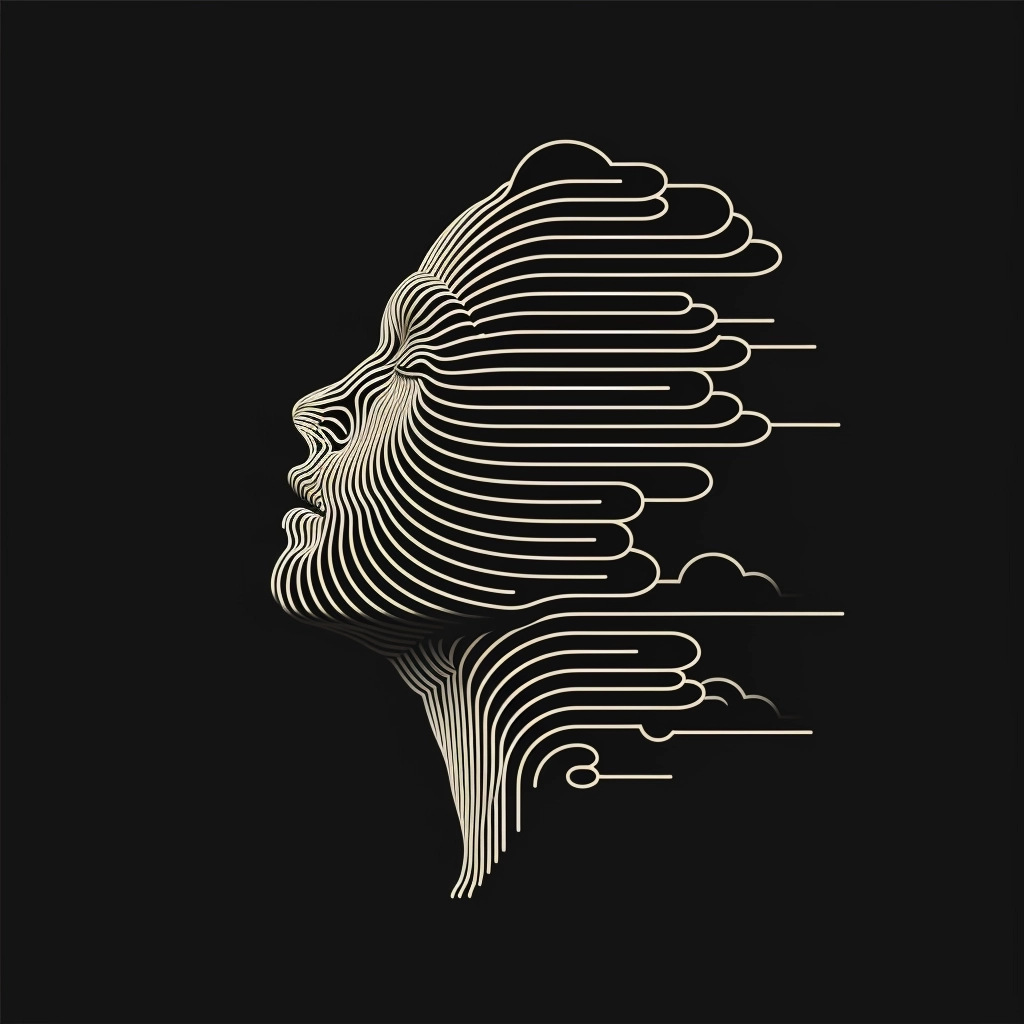 Vector logo of a human with cloud head, graphic design, minimalist stroke lines, black and white, abstract