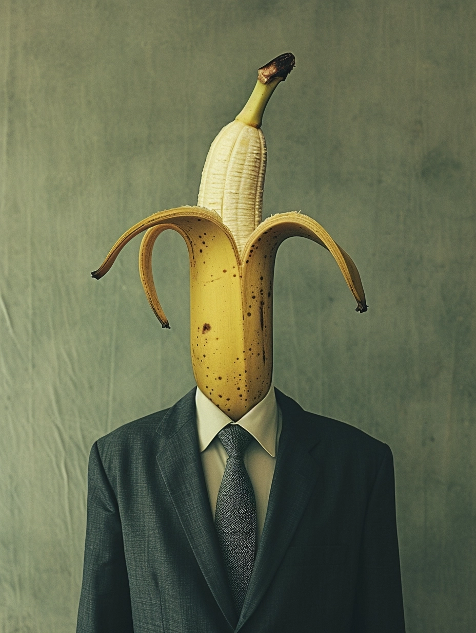 Fine art photography, surreal. A man with an open banana for a head. Odd, unique. In the style of Pauline Gouyard's surrealistic imagery.