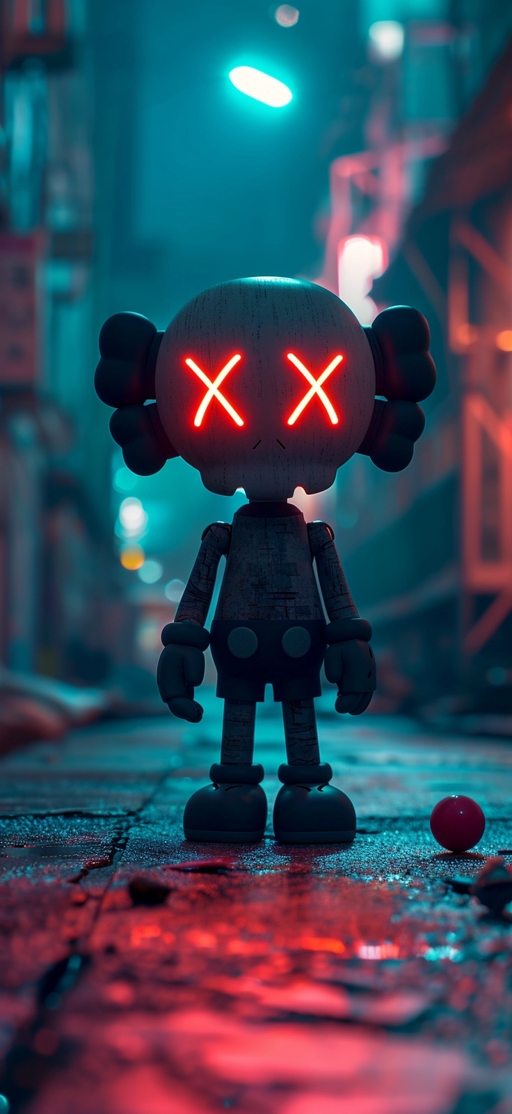 Portrait shot, robot, X shaped neon lights instead of eyes, depth of field, KAWS style, cinematic scene