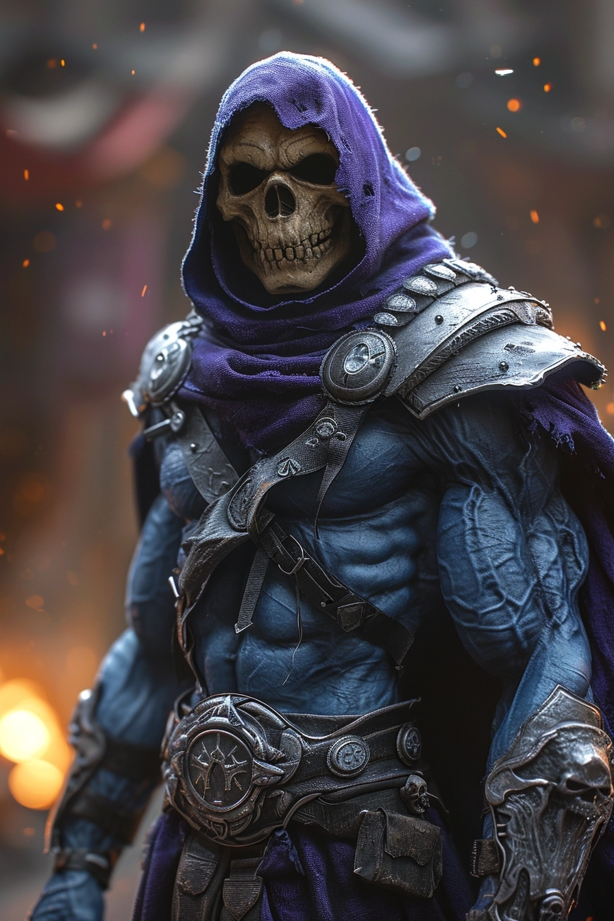 Skeletor from Masters of the Universe, realistic cinematic design, full view of body