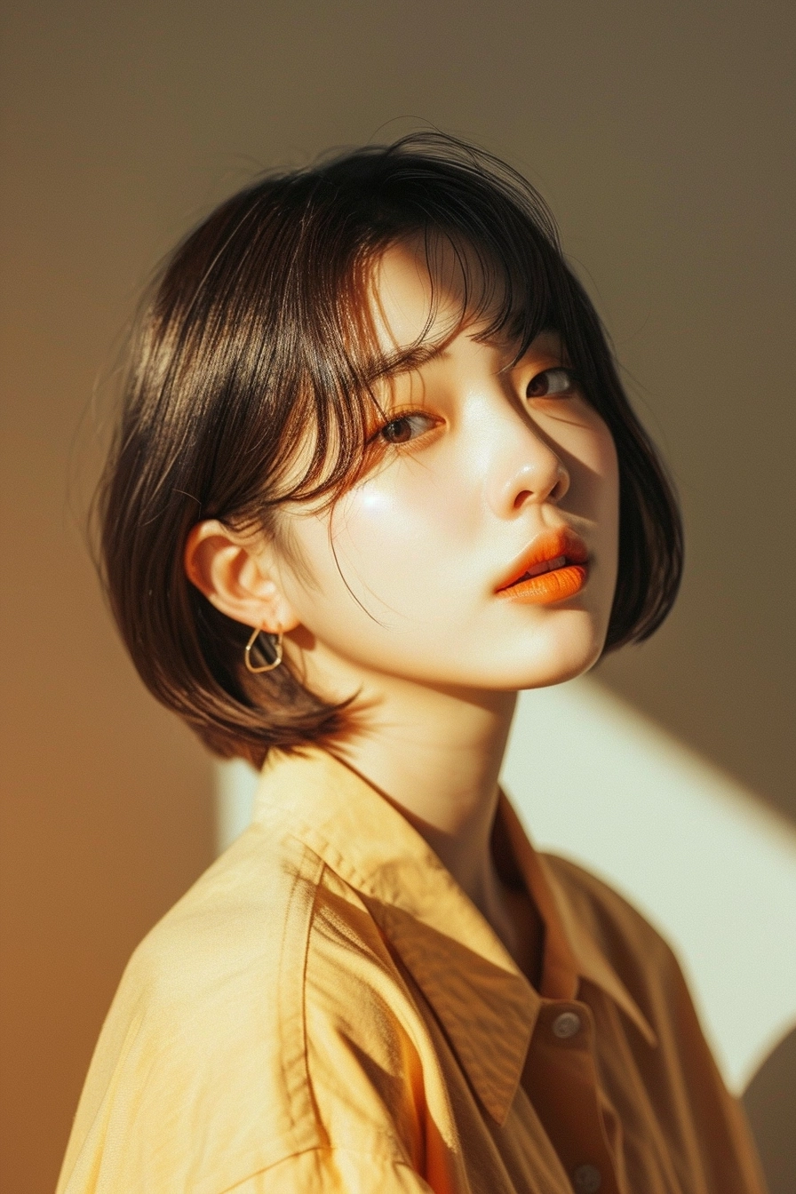 The short bob hairstyle has soft S-shaped curves, a medium-orange hairstyle, and gorgeous and fashionable light-colored clothes. The Korean model looks at the camera from the front, showing a lazy and sweet emotion. The no makeup on the face highlights the real skin of the skin. Texture and pores, full-color picture, half-length photo, off-white solid color background, light warm light atmosphere