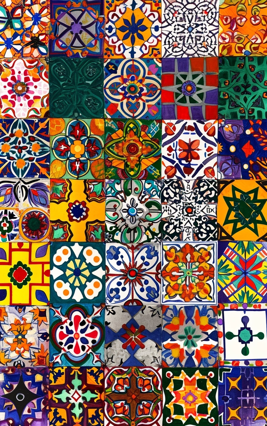 Drawing of a colorful painting with various patterns, in the style of Morocco Art, intricate pen and ink drawings, hand-coloring