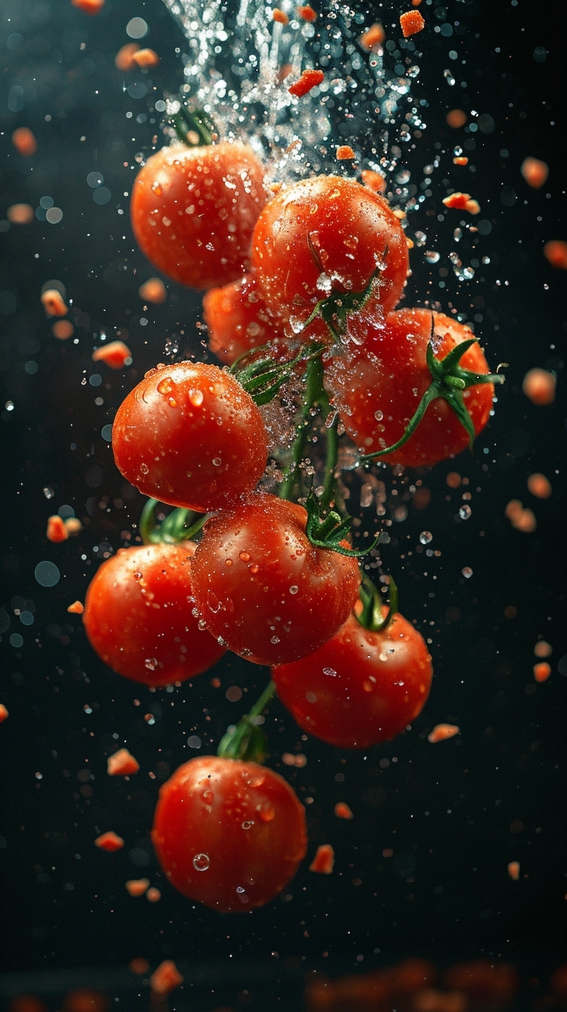 Ultra realistic pieces of tomatoes falling on a black background, salad pieces flying off and flying around