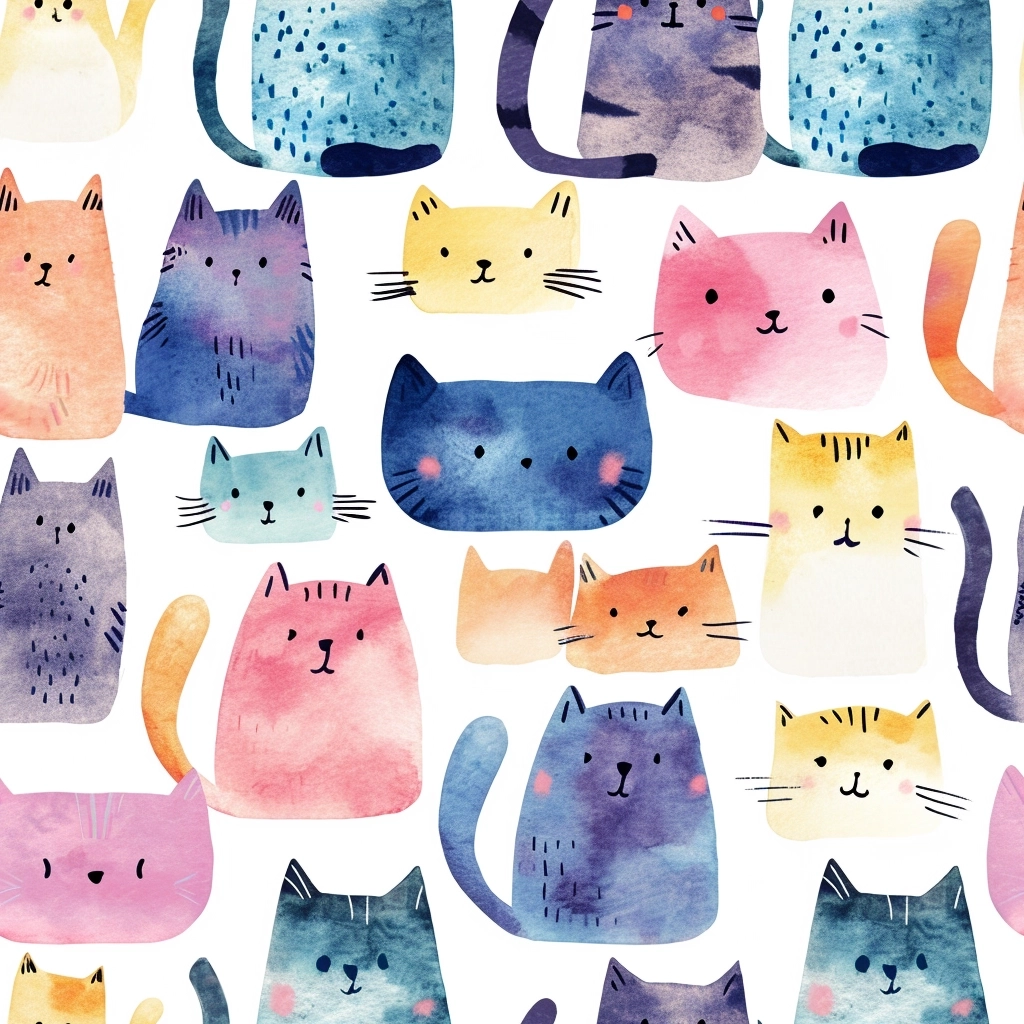 Cute pastel watercolor illustration of cats background pattern