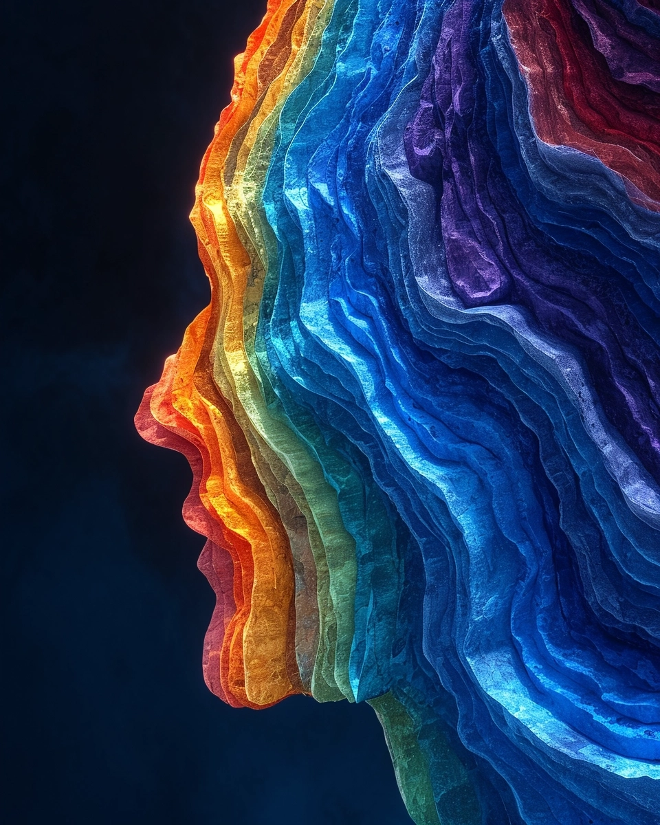 Pop art illustration of face created by lines of rubber A rainbow colored blurry image of a body, in the style of metallic textures, dark compositions, data visualization, light black and blue, colorful layered forms, film grain, pixelated realism surreal eccentric girl ; fantasy artwork