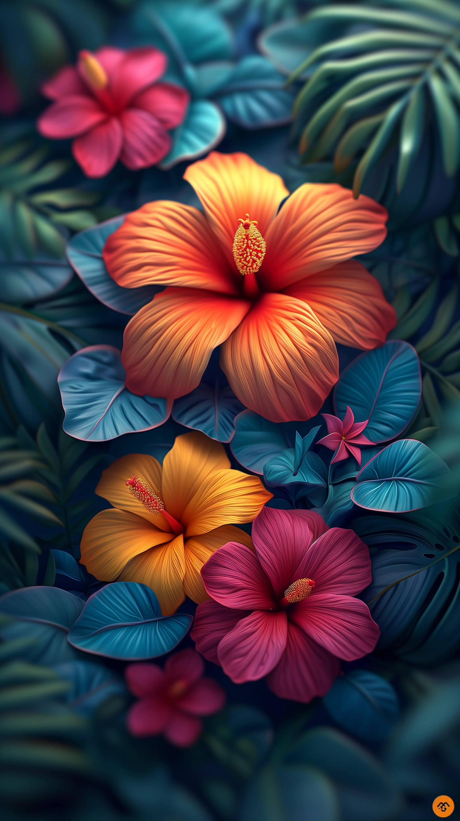 Cartoon fantasy illustration in the style of meticulous fantasy and sense of awe, tropical flowers, gold, azure and magenta. vivid 3D