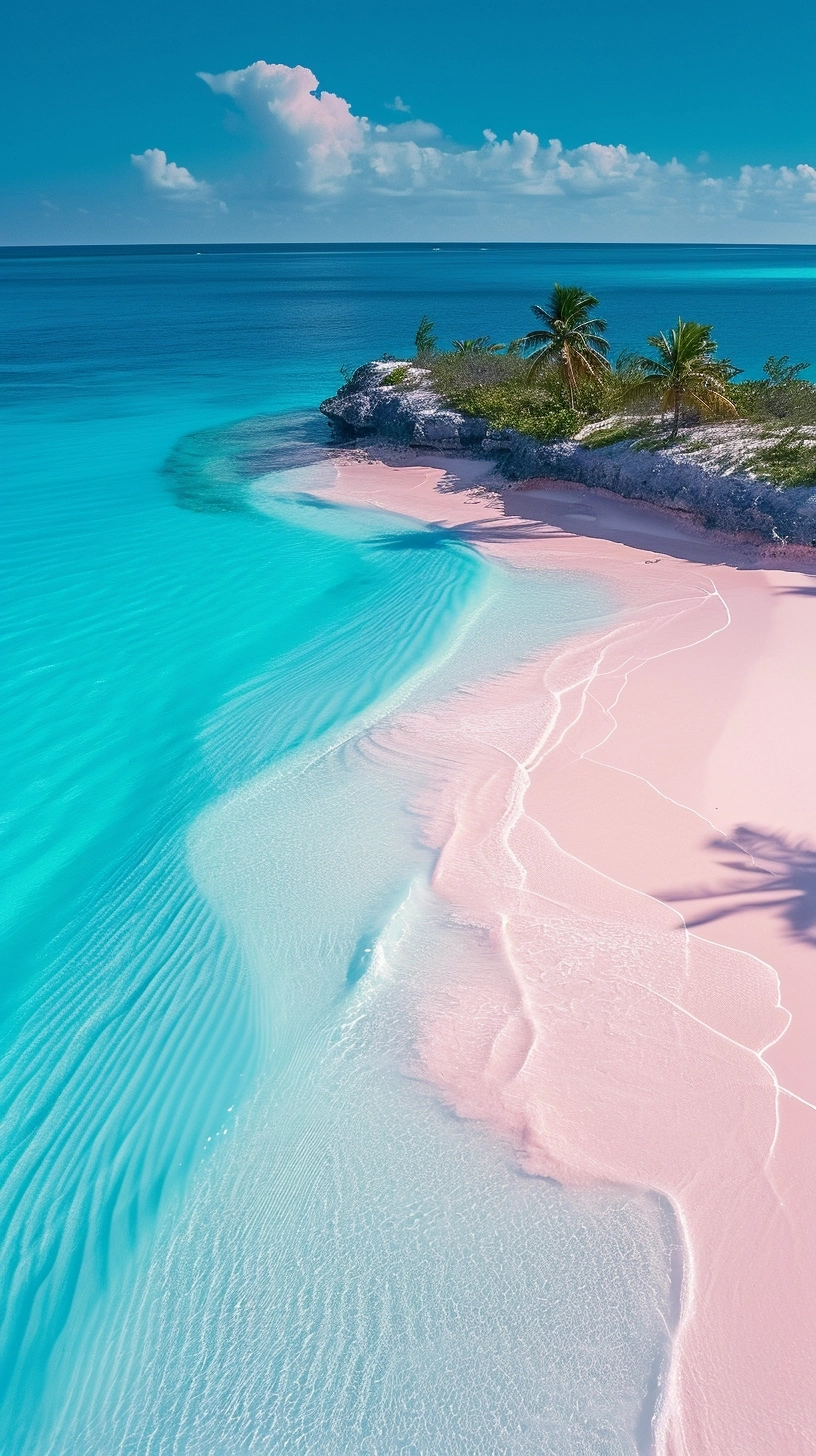A photo of a pink sand beach and palm trees in the Bahamas, caustics, drone aerial view, gopro, 4k