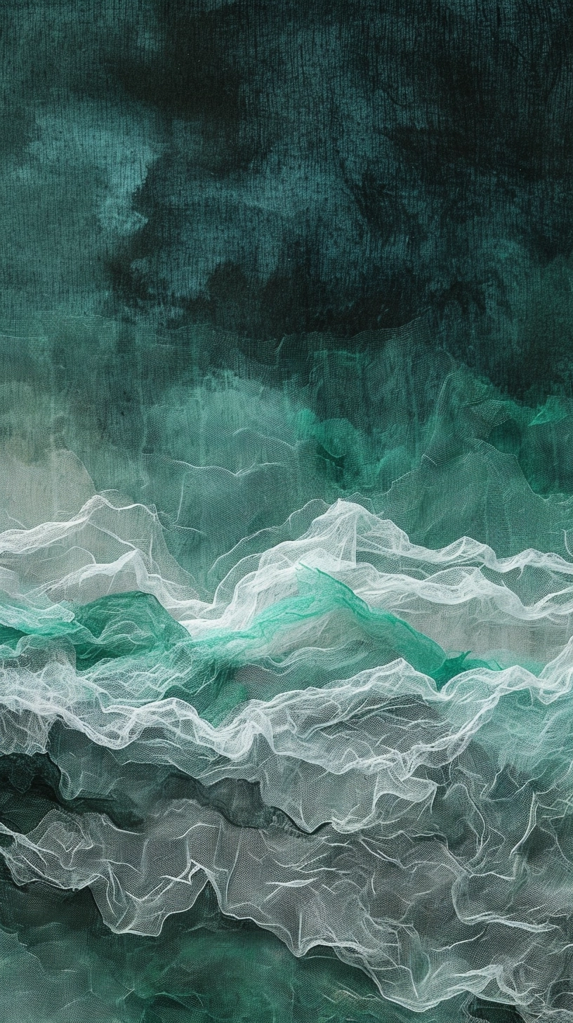 Zen, weaving art, fiber art, gauzy fabrics, layered fibers, gauzy fabrics, ethereal abstraction, clouds and trees, surreal, Asian paintings, deep emeralds and aquamarines, atmospheric clouds