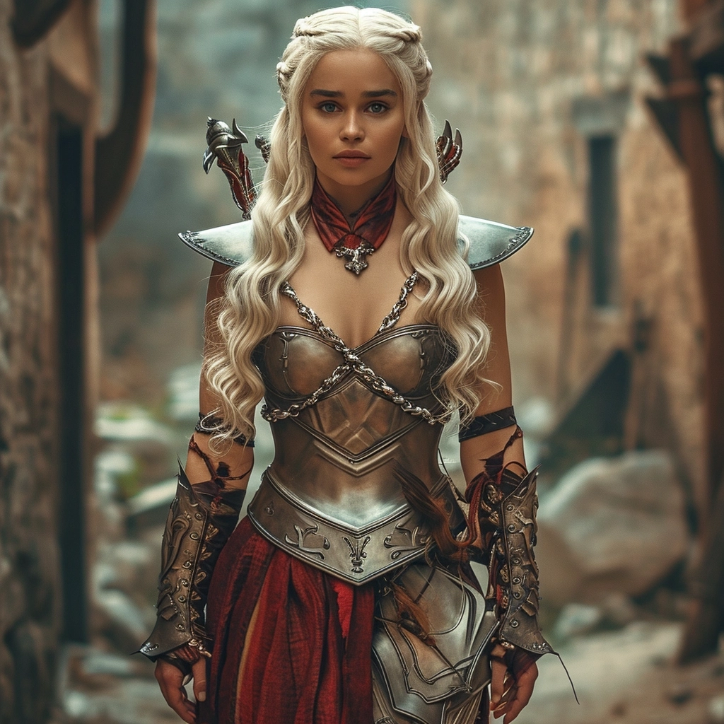 Realistic photo of Daenerys Targaryen / Emilia Clarke as a female warrior with big muscles in fantasy armor, full body, boots