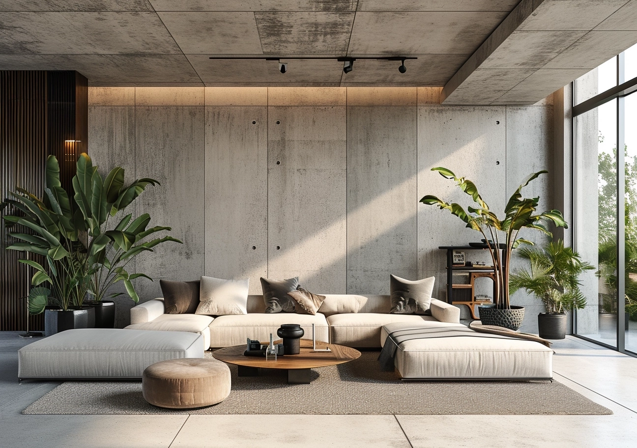An impressive concrete style living room on the wall, in the style of unreal engine 5, perspective rendering
