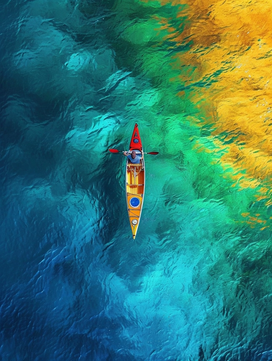 a kayak in the water, in the style of optical color mixing, aerial view, Clear and transparent water，rainbowcore, national geographic photo, 8k resolution, crayon art, interactive artwork