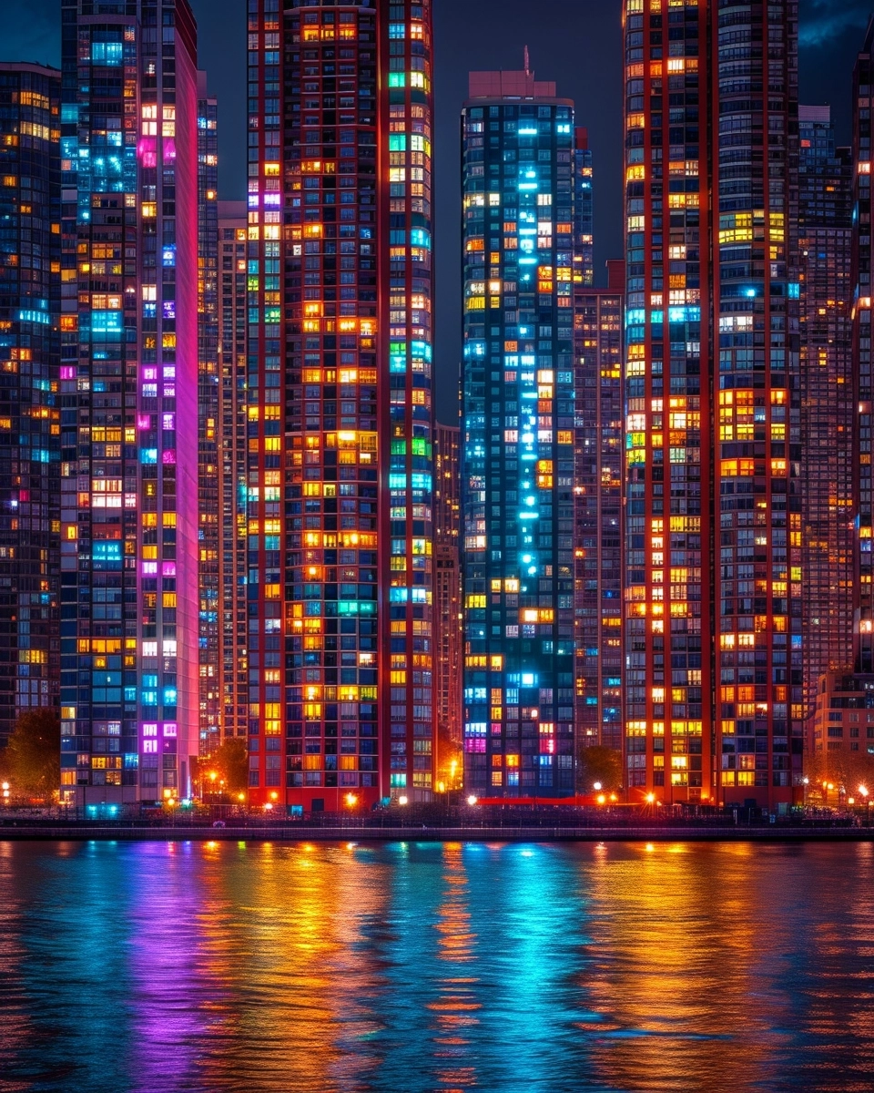 The buildings reflect in the river, in the style of glowing lights, nikon d850, captivating harbor views, thiago valdi, ludwig mies van der rohe, kenny scharf, australian tonalism