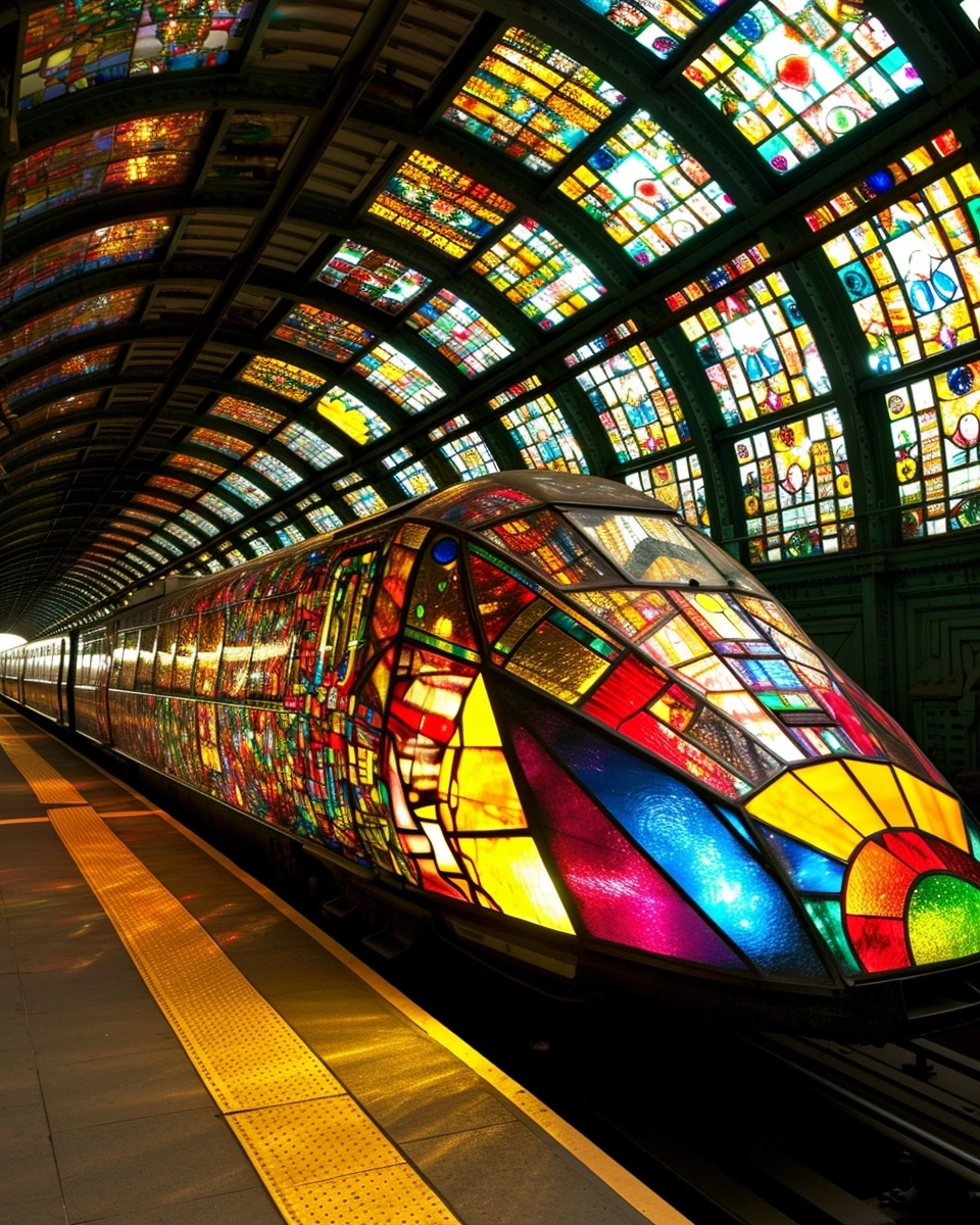 Nyc elevated supersonic train made of stained glass, stunning photo