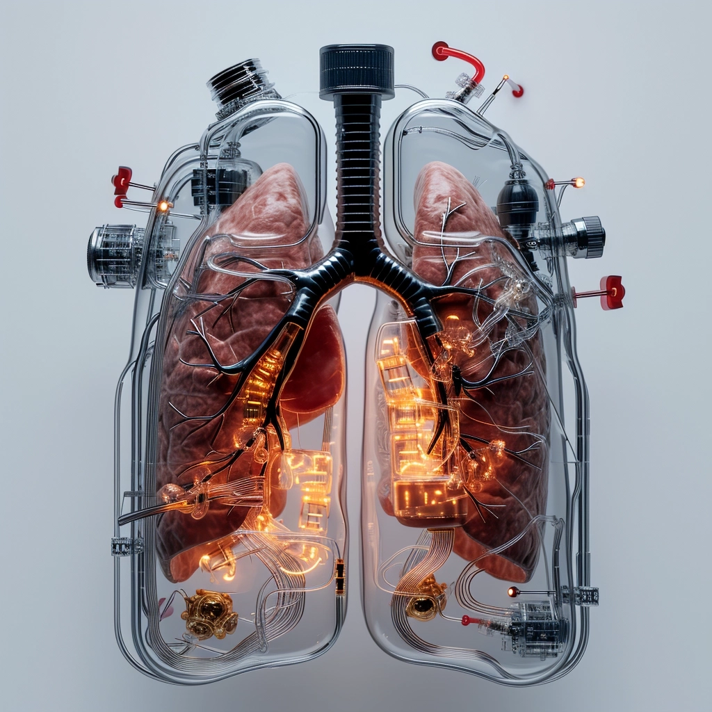 Black clean background, an lungs made of acrylic and metal,a transparent box or container with lungs inside, in the style of detailed science fiction illustrations, ricoh gr iii, realistic anatomies, canon eos 5d mark iv, john pawson, symmetrical design, fluid networks, in the style of circuitry, photorealistic renderings, leica cl, medicalcore, intertwined networks, bunnycore, kodak portra, in the style of whimsical cyborgs, conceptual interventions, mike campau, realistic detail