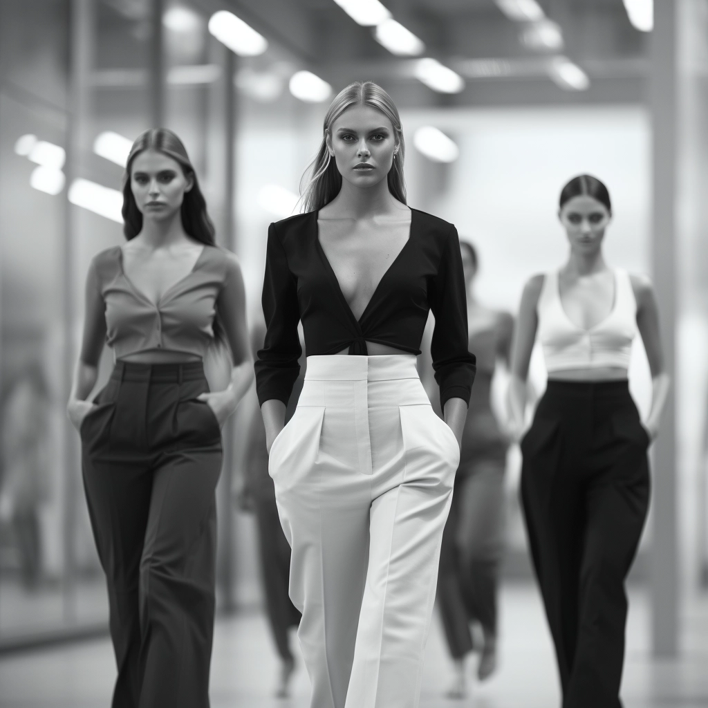 Create a photorealistic image of a fashion show indoors with audiences on the sides. Give me a side view showing 6 models walking behind each other. The models make fun poses. They wear Black and White dresses and pants. For activewear and day wear.
