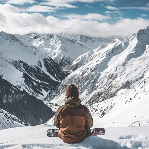 landscape shot in the mountains with a snowboarder sitting at the top looking down to work out the best slopes to ride home