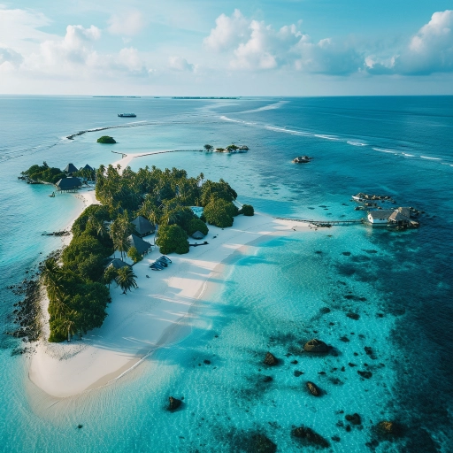 aerial shot of a beach with an island in the maldives